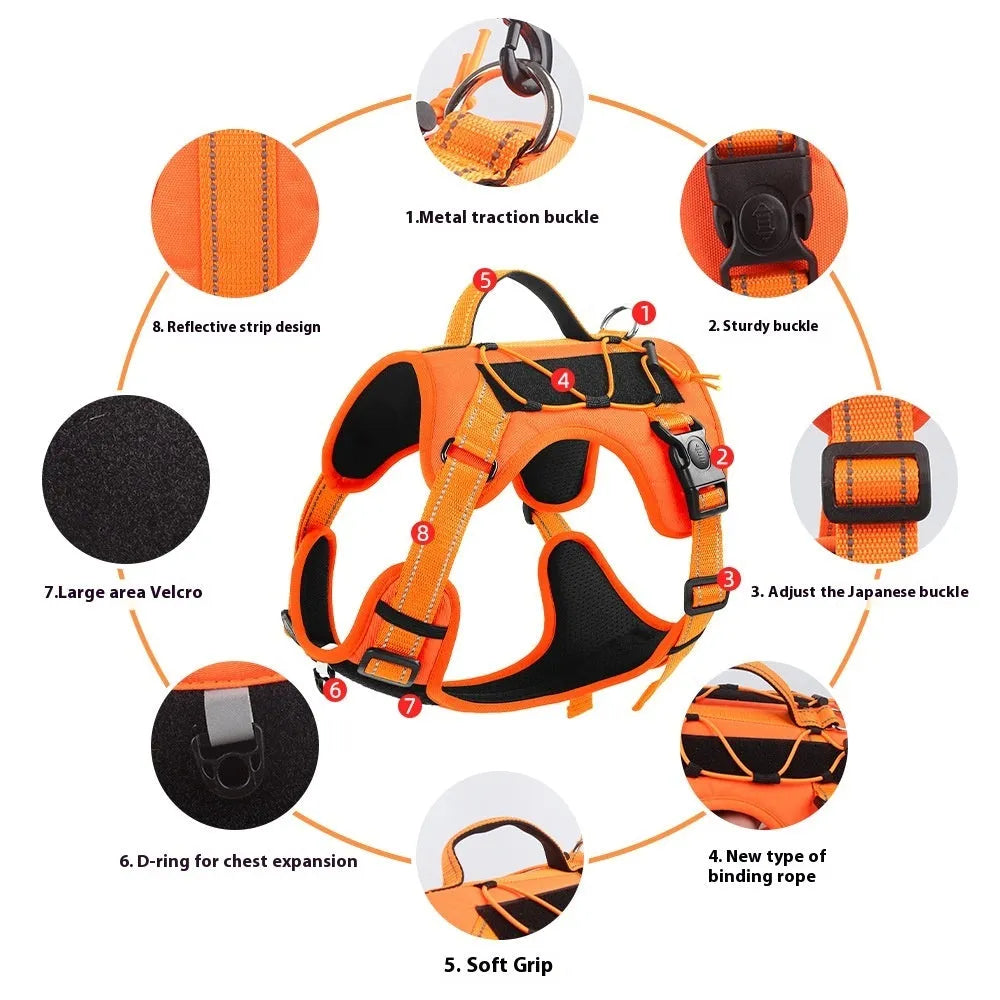 Reflective orange dog harness with black explosion-proof breast strap and full-hand grip rope