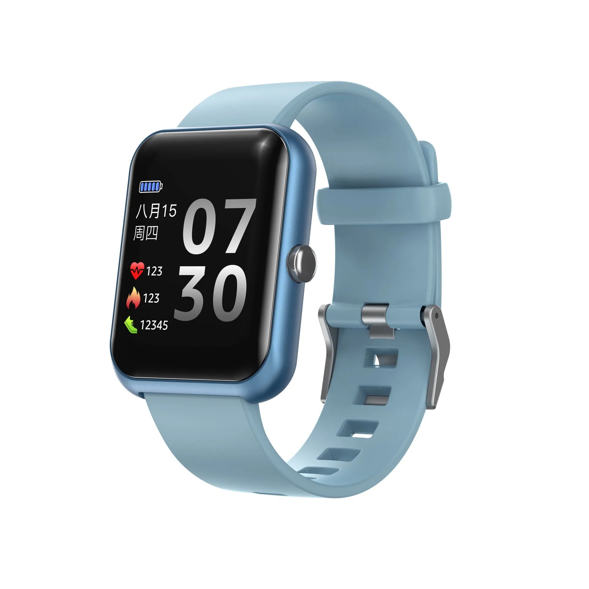 Square smartwatch with silicone strap and aluminium case in multiple colours