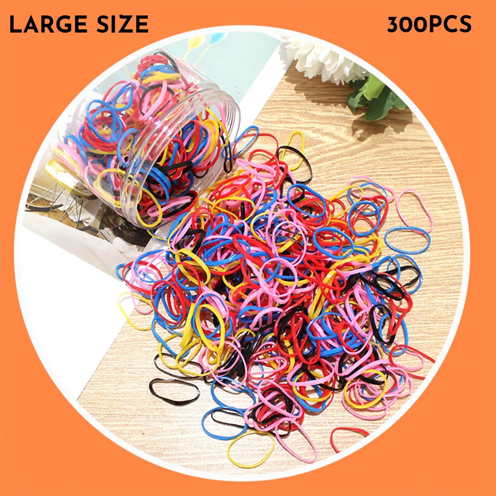 Open reusable container showing hundreds of thin, colourful TPU baby hair ties for toddlers.