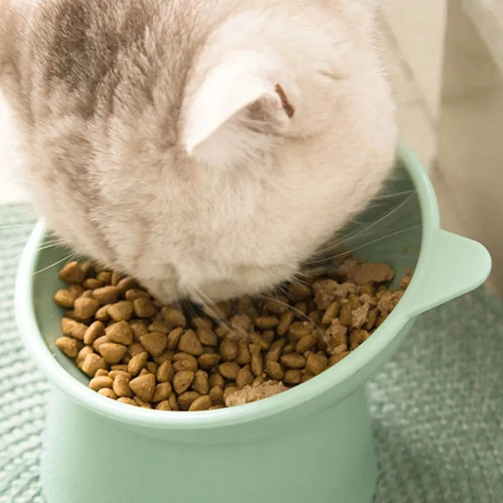 Ergonomic tilted raised plastic cat food bowl in blue with non-slip base for anti vomiting feeding