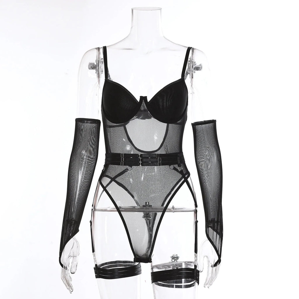 Women's see-through mesh jumpsuit in black, a tight-fitting one-piece polyester costume for game wear.