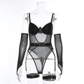Women's see-through mesh jumpsuit in black, a tight-fitting one-piece polyester costume for game wear.
