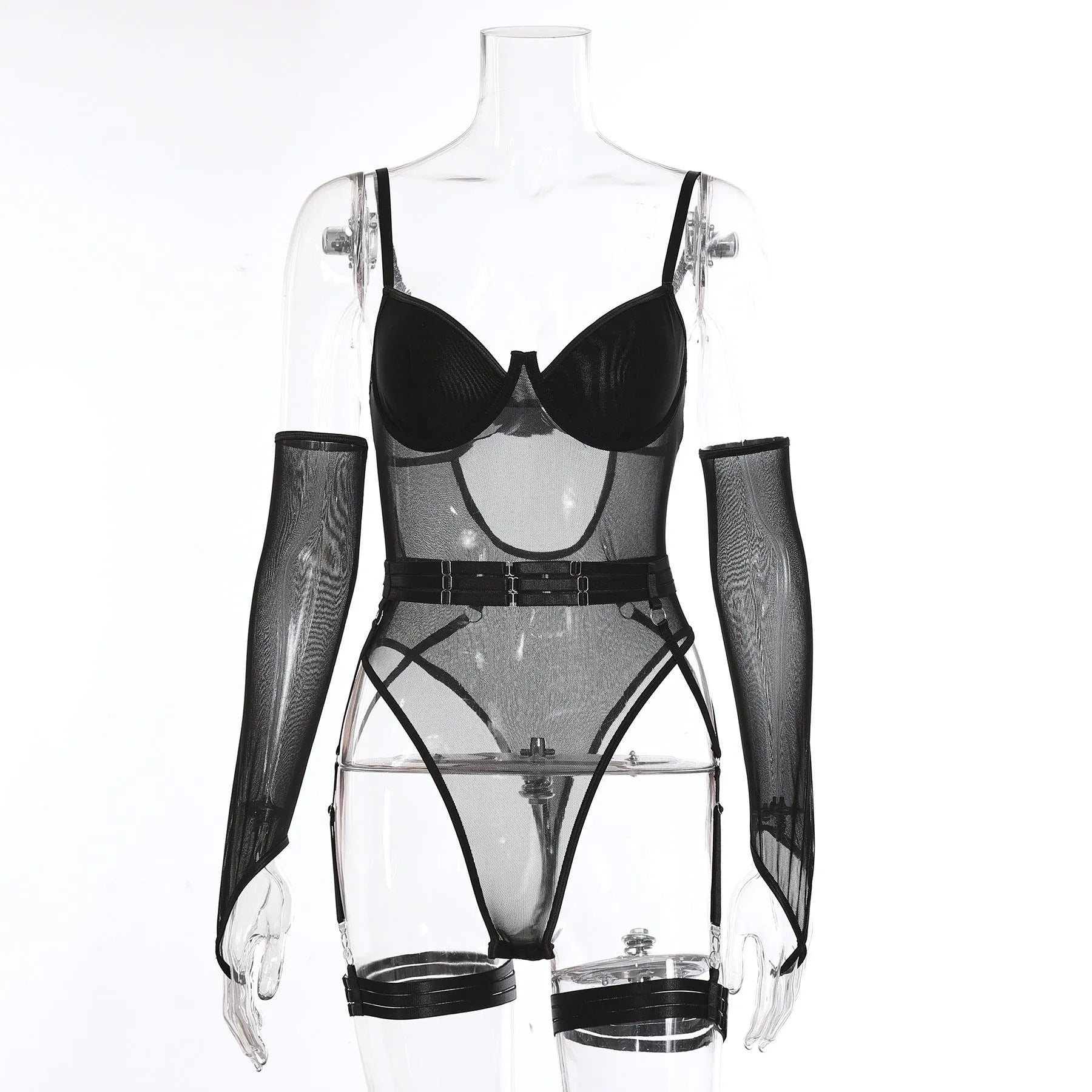 Women's see-through mesh jumpsuit in black, a tight-fitting one-piece polyester costume for game wear.