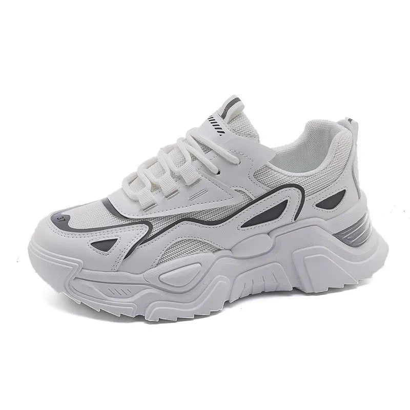Women's dad shoes thick-soled low-top platform sneakers in white, black, and beige on a light background
