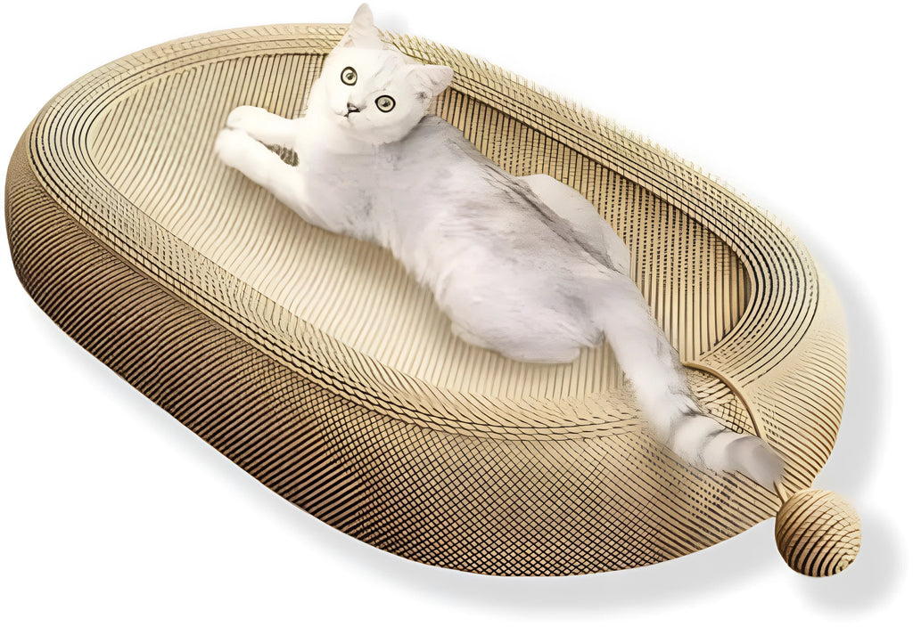 Large rectangular sisal cat scratching board with a grey fabric lounge bed on top