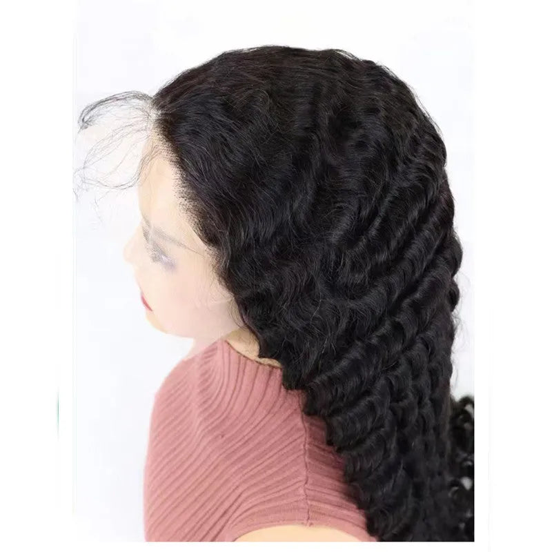 Solid colour half lace front human hair wig on a stand, showing a natural hairline.