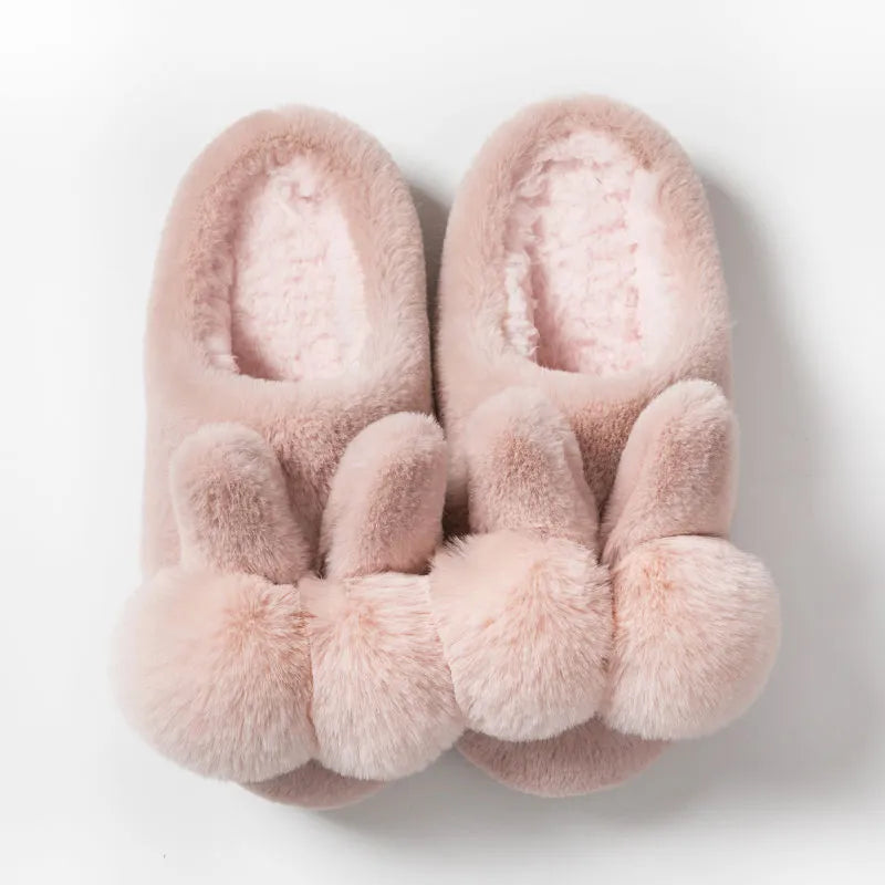 Women's rabbit fur high-upper winter slippers with floral decoration in coffee colour