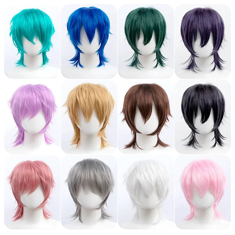 A short hairstyle Anime cosplay wig for men on a stand, shown in a vibrant colour.