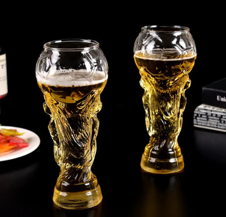 Hercules transparent glass beer cup shaped like a world cup trophy with 450ml capacity and 19cm height