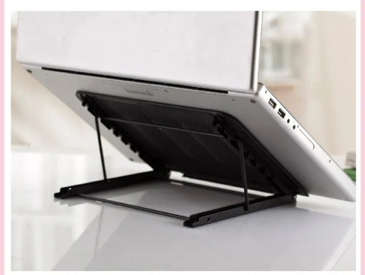 Foldable cold-rolled steel laptop and tablet stand base with six gear positions, shown in silver, measuring 24x19x1.5cm