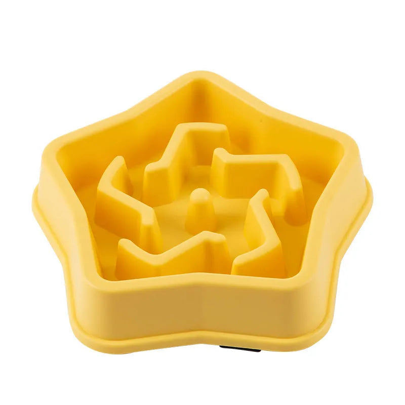 Yellow plastic dog slow feeding bowl with raised pattern measuring 20.1cm
