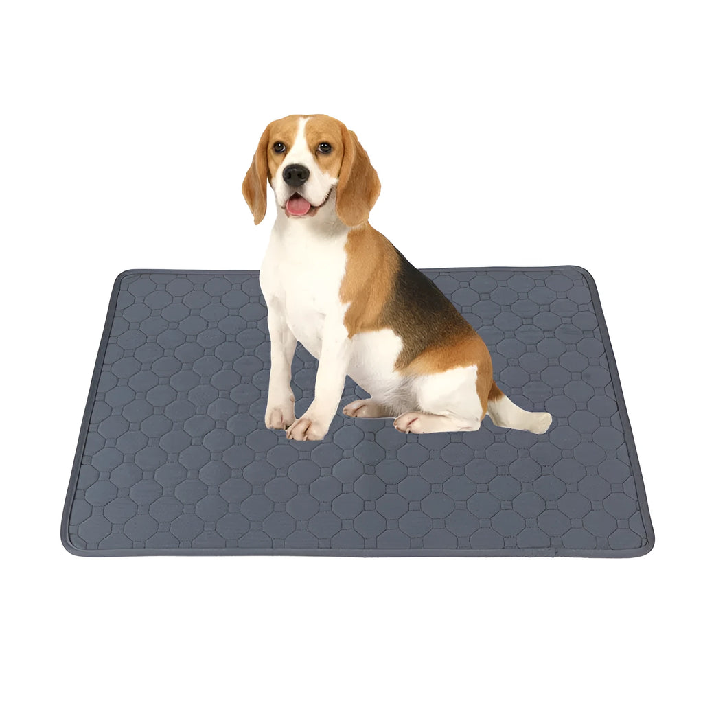 Pack of grey and tan washable, reusable dog pee pads in various sizes on a wooden floor.