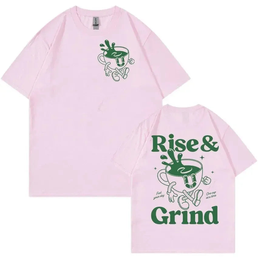 Man wearing a loose black T-shirt with a colourful Rise and Grind coffee cartoon and expression bag graphic.