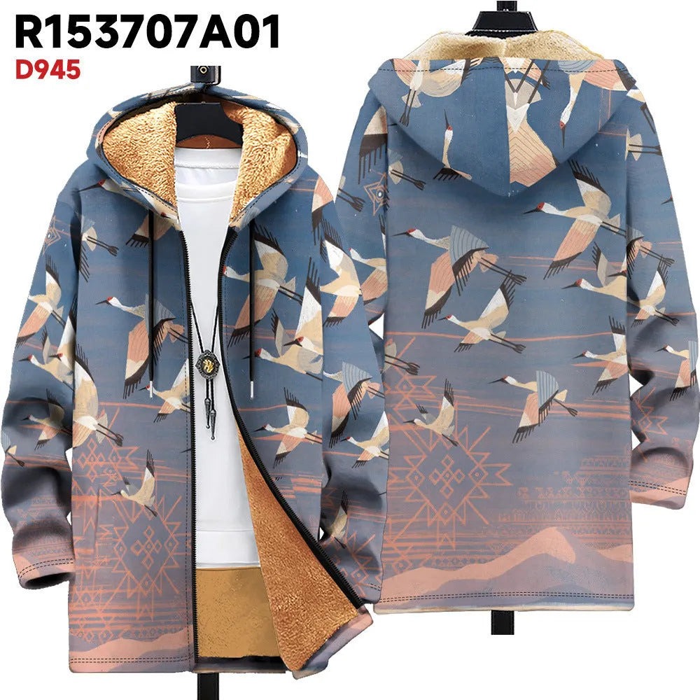 Men's hooded zip-front cardigan with multicolour digital print pattern in loose fit