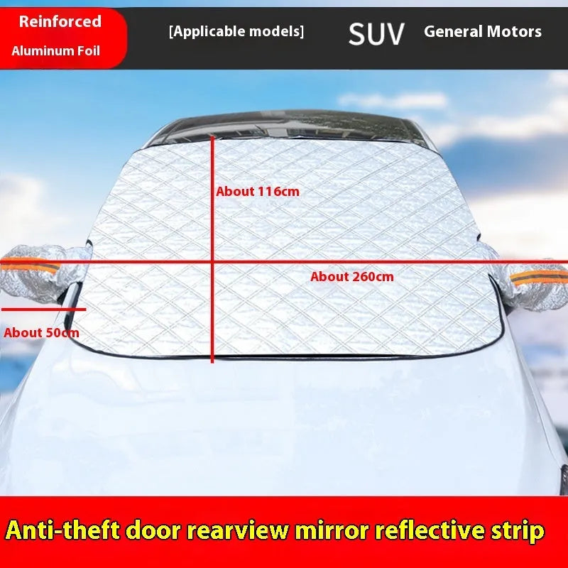 Large SUV winter windshield cover with reflective stripes and magnetic attachment system