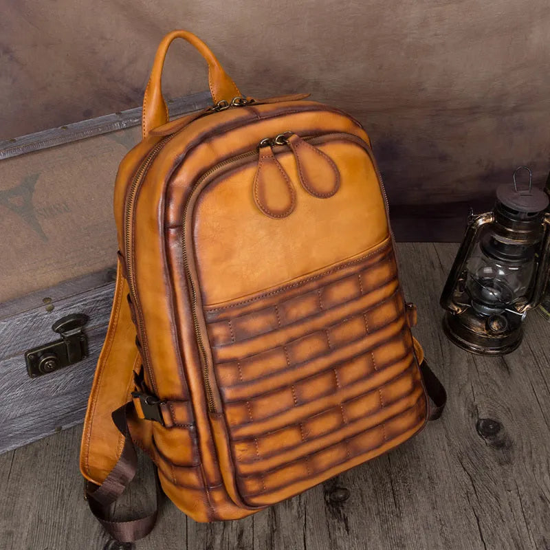 Men's vintage cow leather backpack with check pattern, vertical square shape, brown colour