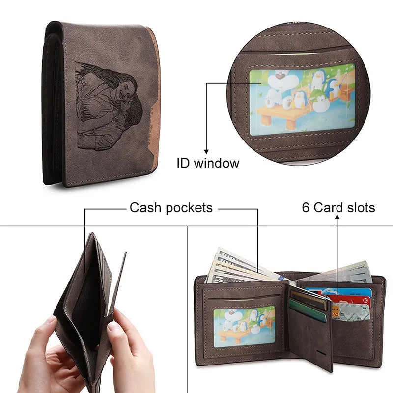Coffee coloured engraved horizontal short wallet made from PU leather, showing personalised text or photo customisation.