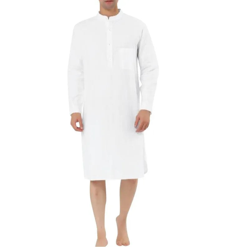 Men's button-front cotton robe in light blue with large patch pockets, shown in size medium.