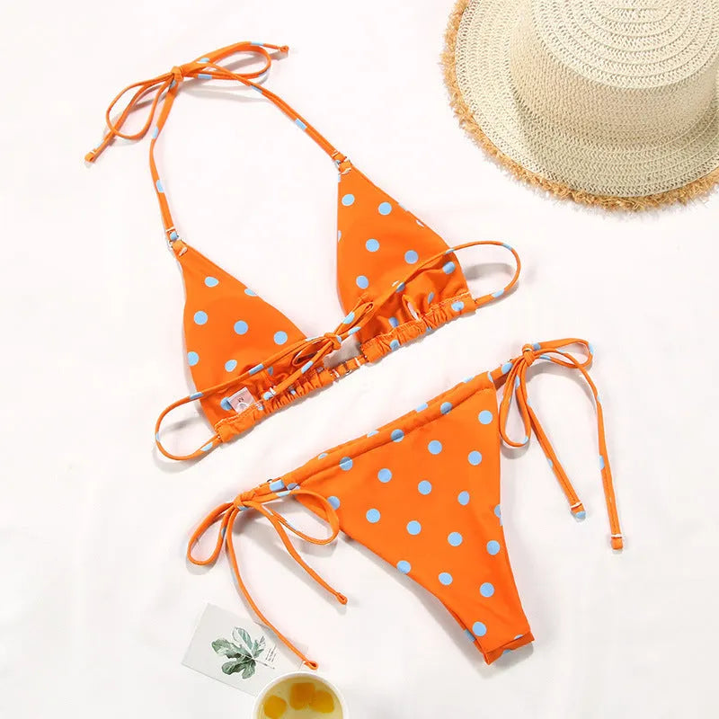 Women's polka dot print halter neck split swimsuit bikini in watermelon gradient colour