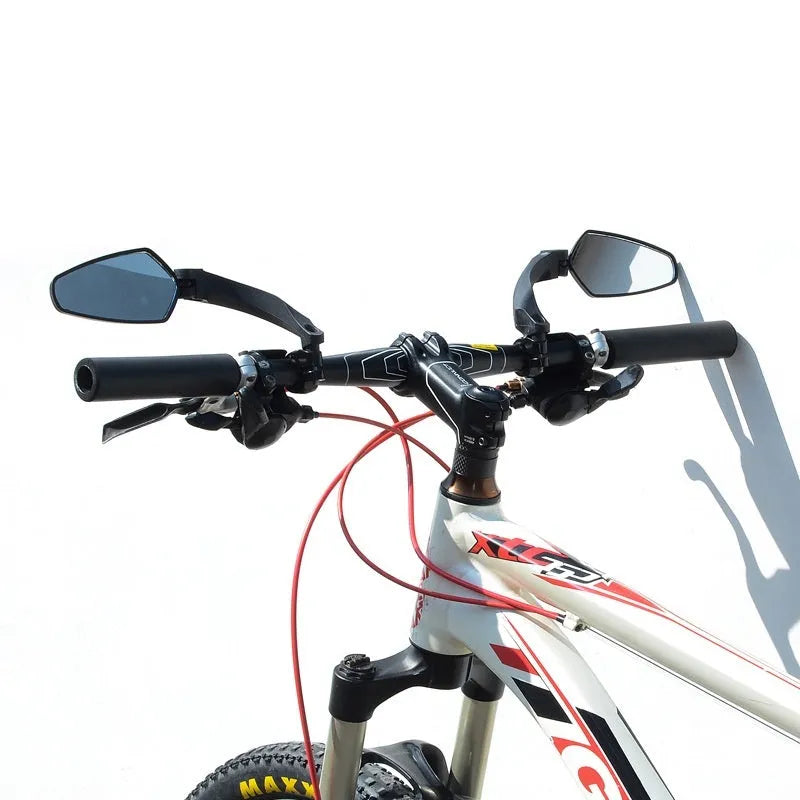 Black PMMA acrylic mountain bike rearview mirror showing left, right, and paired mounting options