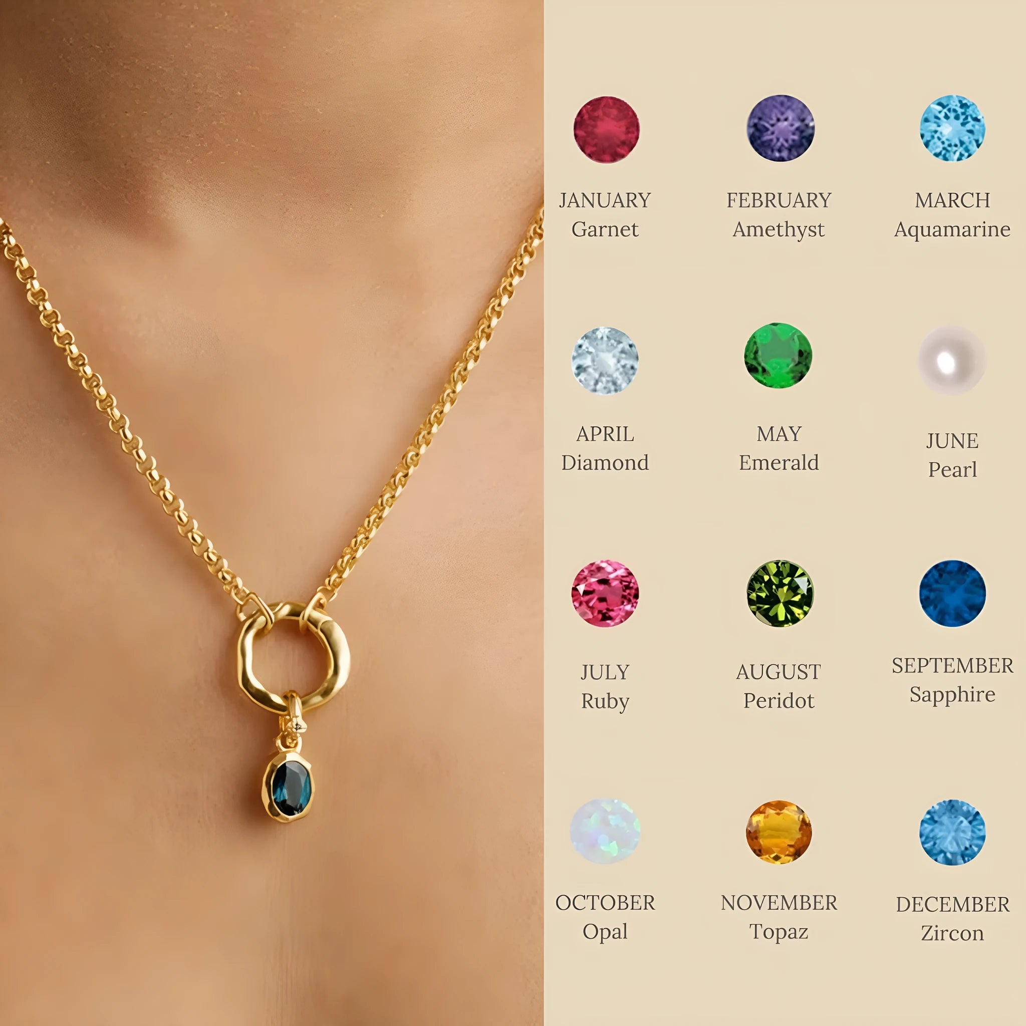 Stainless steel birthstone necklace with moon stone love pendant on copper O-ring chain, electroplated finish, geometric shape