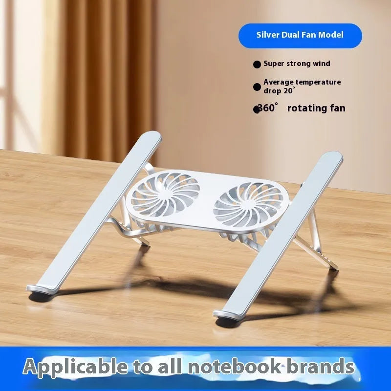 Silver aluminium laptop cooling stand with twin fans and adjustable height mechanism, folded beside notebook computer