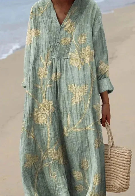 Floral 3D printed shirt dress with wide waist and long skirt in Japanese Korean casual style