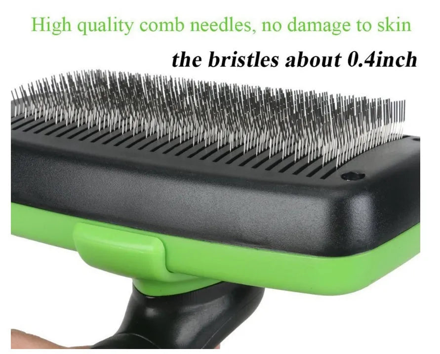 Pet self-cleaning slicker brush with stainless steel needles and TPR handle, green colour