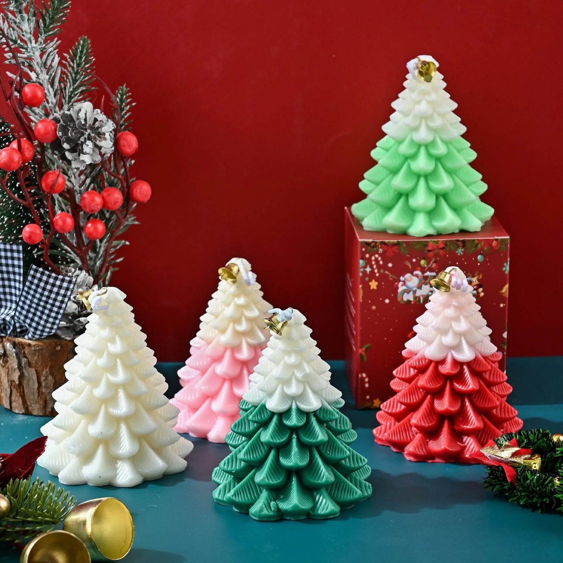 Christmas tree shaped soy mixed wax aromatherapy candle in green, hand-poured, festive home decoration