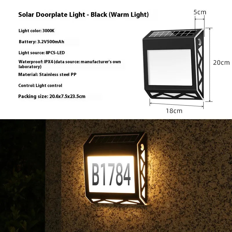 Black solar-powered metal doorplate light with LED house numbers and digital clock display
