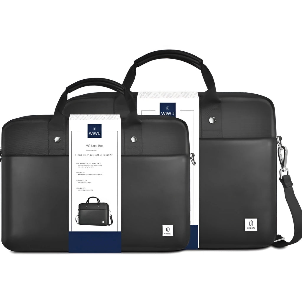 Black oxford cloth laptop backpack showing multiple pockets and a separate padded computer compartment.