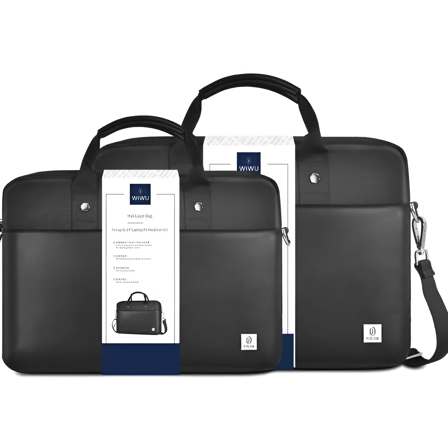 Black oxford cloth laptop backpack showing multiple pockets and a separate padded computer compartment.