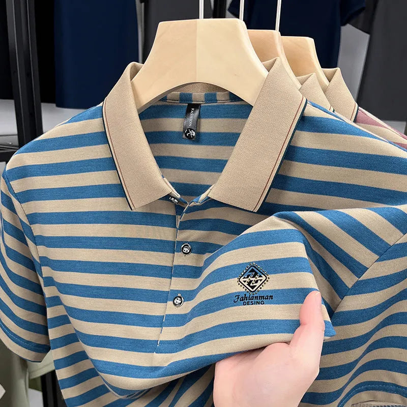 Men's striped short sleeve shirt with mosaic pattern in red, blue, or green colours