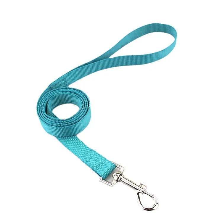 Solid colour polyester dog training lead with integrated hand-holding rope grip shown in blue.