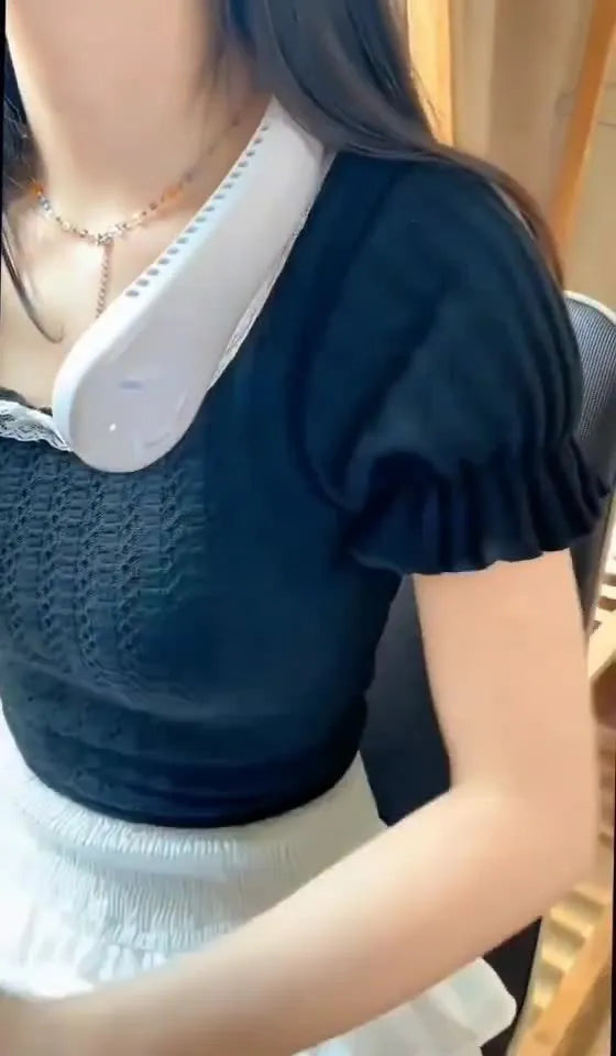 Pink USB rechargeable bladeless neck fan showing adjustable speed controls and flexible neckband