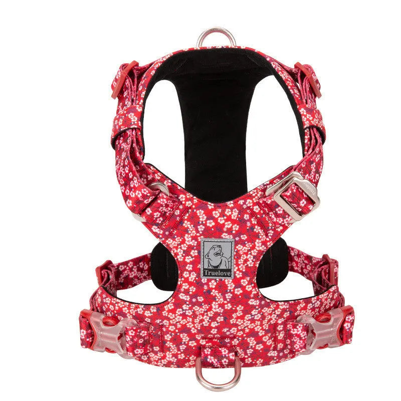 Pure cotton pet harness with floral pattern and chest strap in red, green, or blue colours