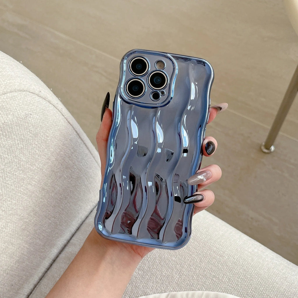 Electroplated wave stripe design iPhone 17 TPU case in metallic silver showing textured pattern