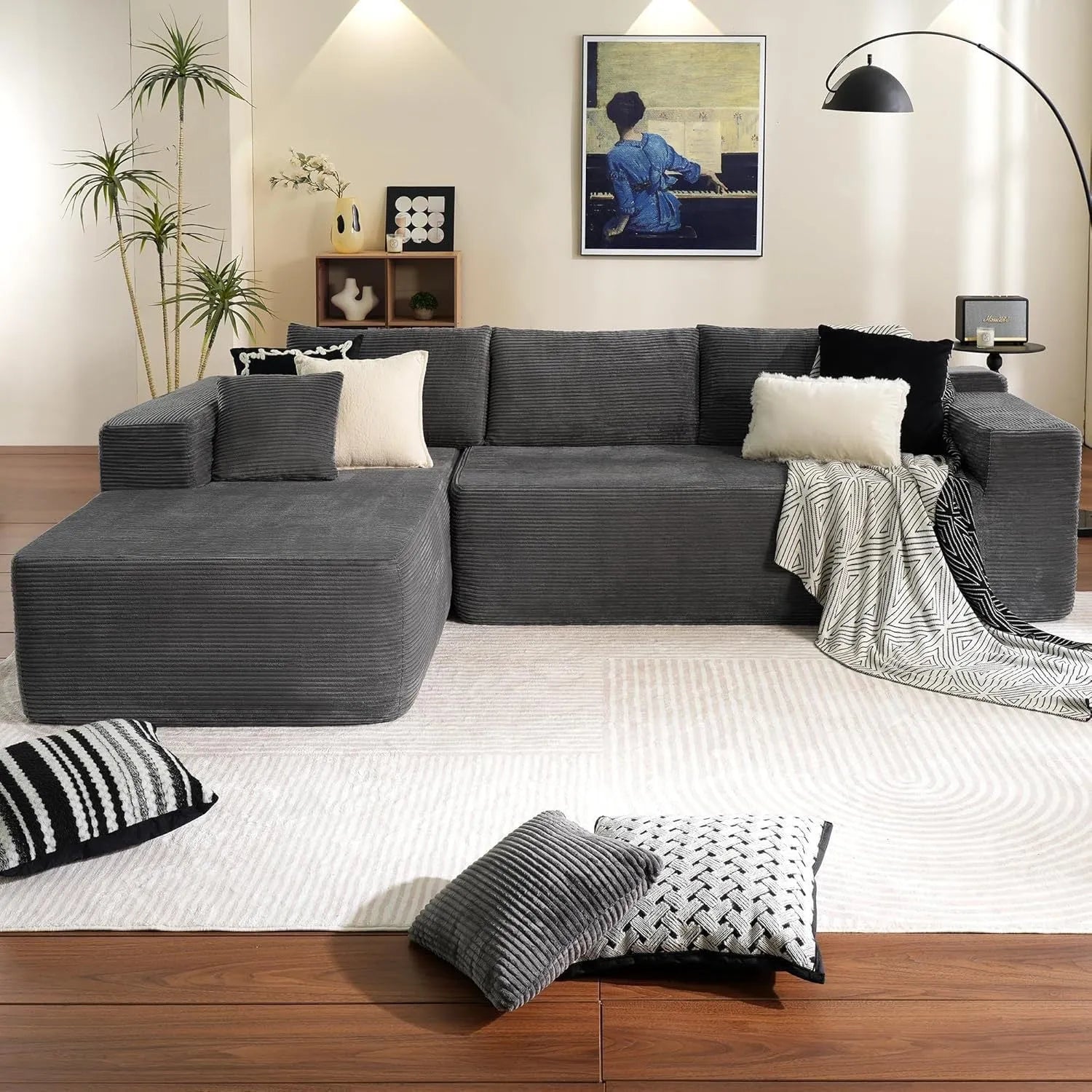 Modern minimalist flannel sofa in beige colour, no assembly required, for living room or office use