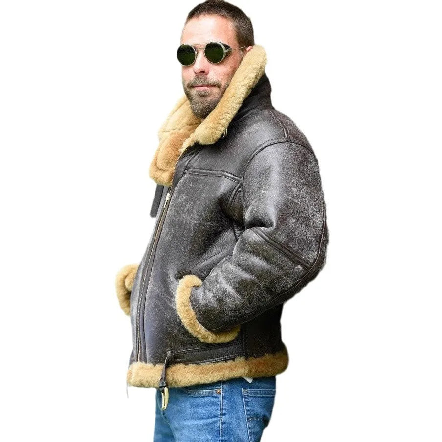 Brown synthetic leather fur coat for men with straight hem and side seam pockets