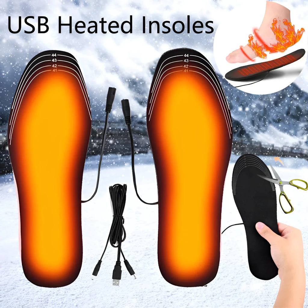 Pair of USB heated shoe insoles with cut-to-fit design for winter warmth