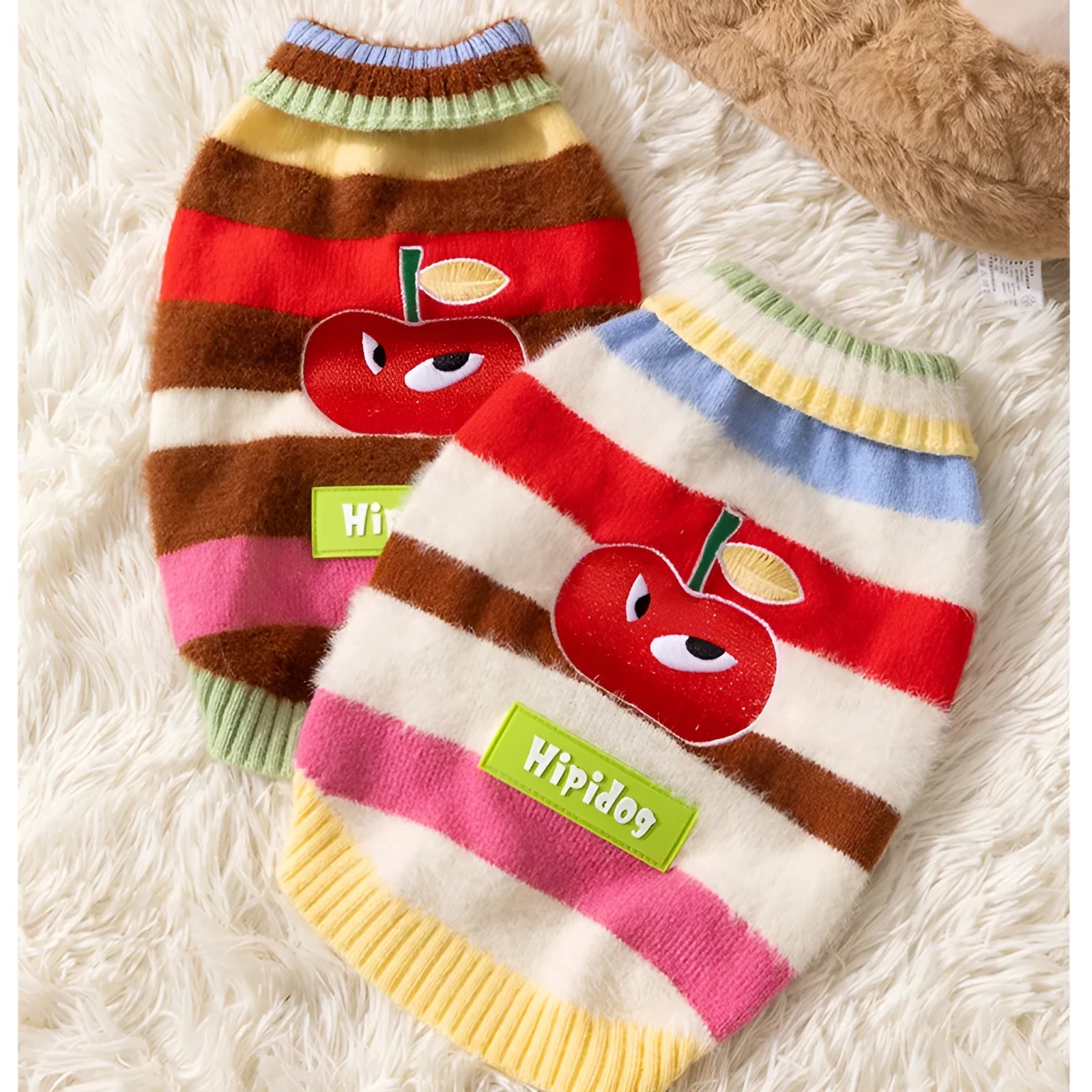 Rainbow apple striped knitted dog pullover sweater for Corgis with apple embroidery, brown and white, autumn winter warm wear.