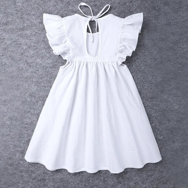 Girls' cotton summer dress with lotus leaf skirt in green and white plain design for children 100-140cm