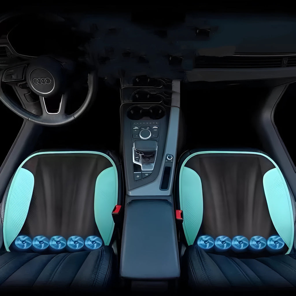 Black USB ventilated car seat cushion with cooling fans on a car seat.