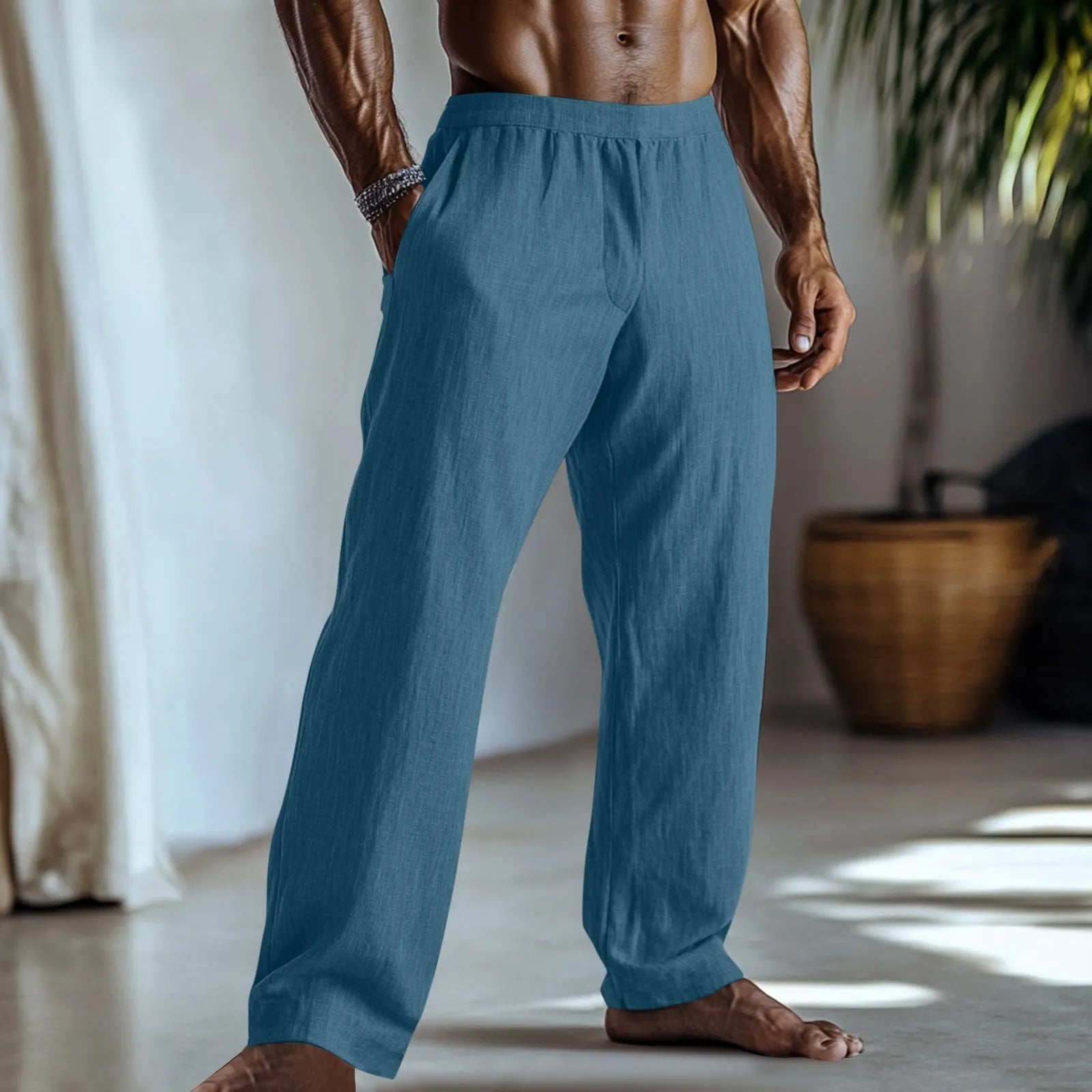 Straight leg cotton linen trousers in light green colour with side pockets