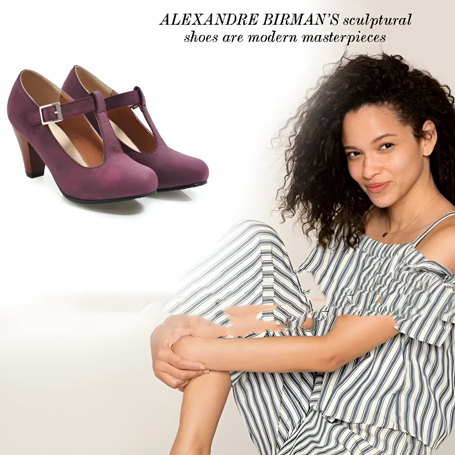Women's suede T-strap buckle heels in black, gray, purple with round toe and 6-8cm high heel