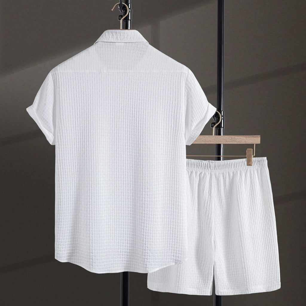Men's loose fit cotton blend beach set with short sleeve shirt and shorts in solid black or white