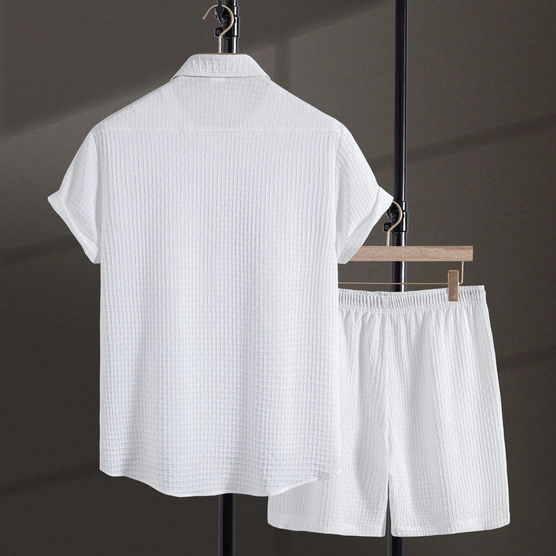 Men's loose fit cotton blend beach set with short sleeve shirt and shorts in solid black or white
