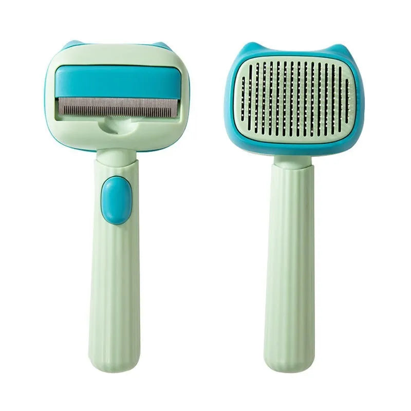 Red and blue pet grooming brush with double-sided deshedding comb for dogs and cats