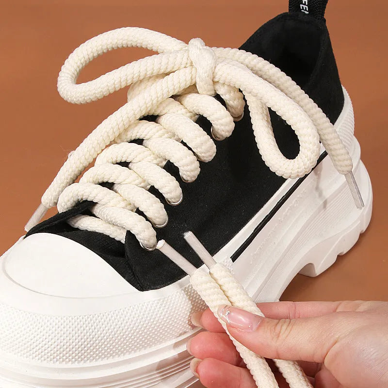 Round woven shoelaces for bread shoes in white, beige and black colours showing length options