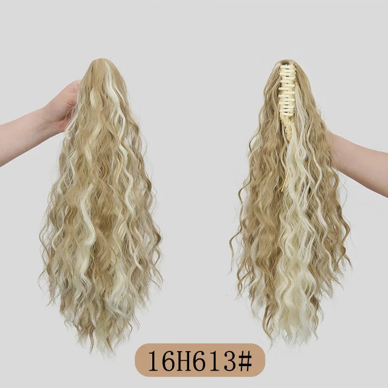A corn curl ponytail wig with a water ripple grip texture, shown in a dark brown 1B colour, featuring a hair clip attachment.
